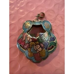 Vintage Green Pink Purple Cloisonne Enamel Orchid Flowers Double Sided Pendant
